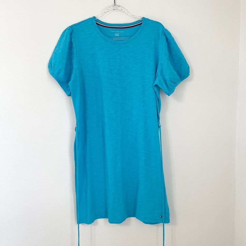 Tommy Hilfiger Blue Cotton Embroidered Sleeves Tie Waist Casual Beachy Dress XL